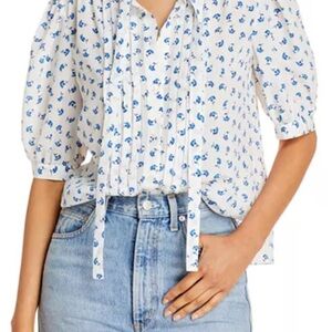 EUC Rebecca Taylor White and Blue Floral Emma Blouse